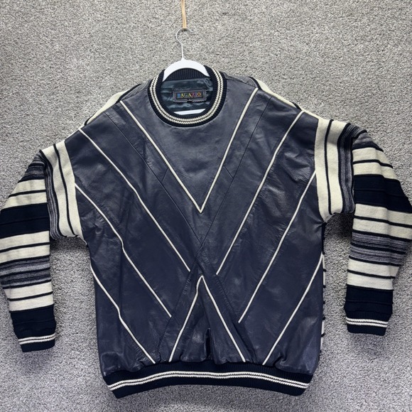 Bagazio VTG 90s Large Real Leather Acrylic Knit Pullover Crew 